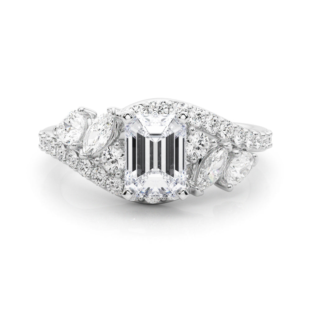 Silver Emerald Diamond Halo Ring with Marquise and Pavé Band in Prong Setting