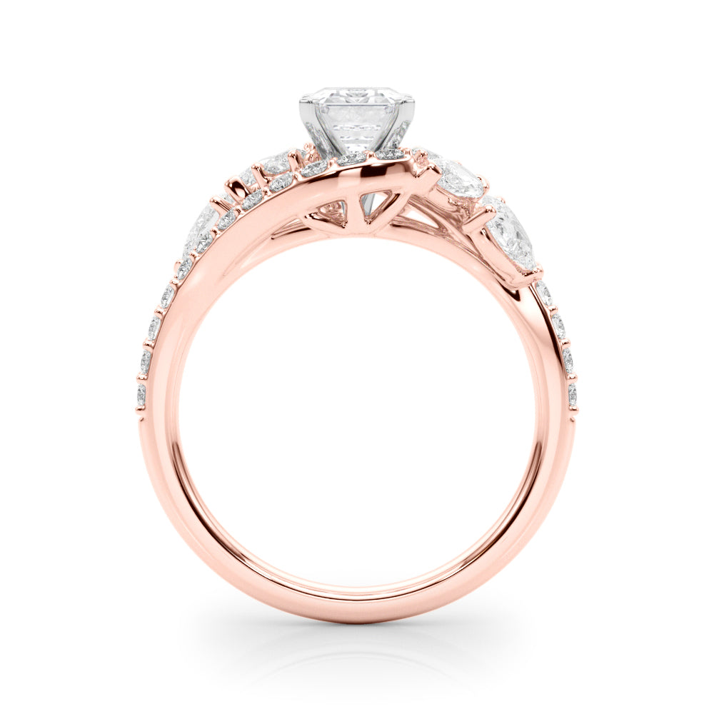 Rose gold Radiant Diamond Halo Ring with Marquise and Pavé Band in Prong Setting