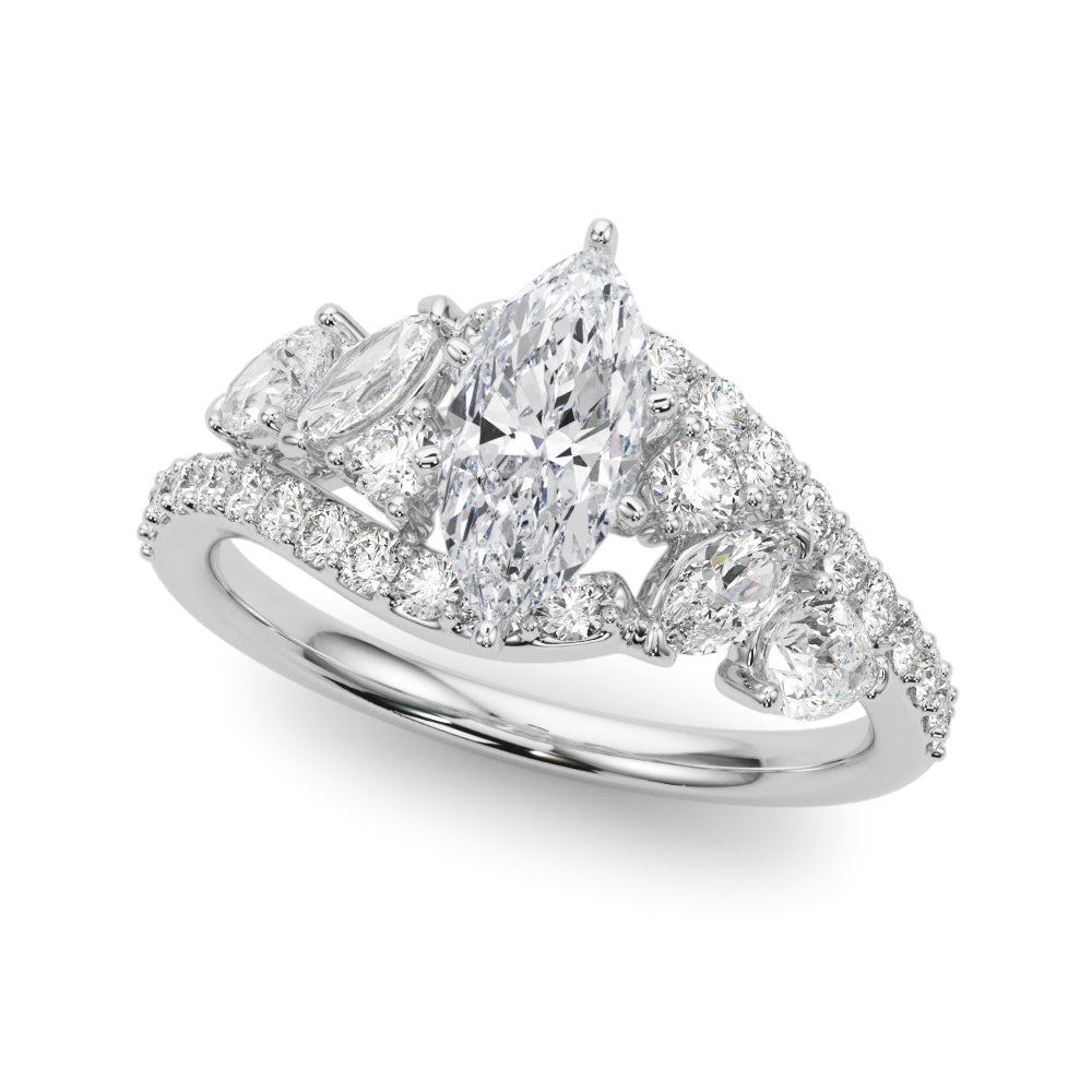 Silver Marquise Diamond Halo Ring with Marquise and Pavé Band in Prong Setting