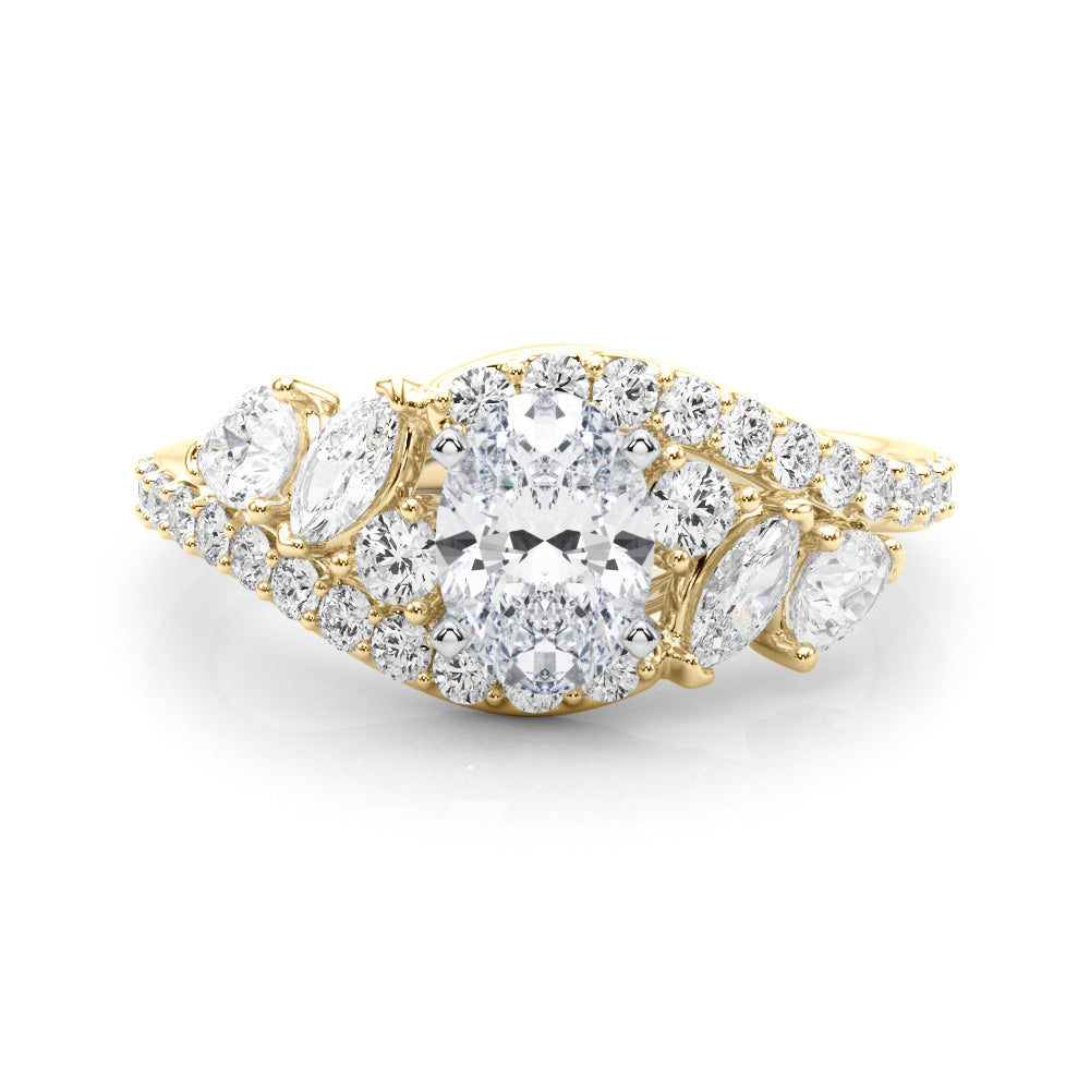 Yellow gold Oval Diamond Halo Ring with Marquise and Pavé Band in Prong Setting