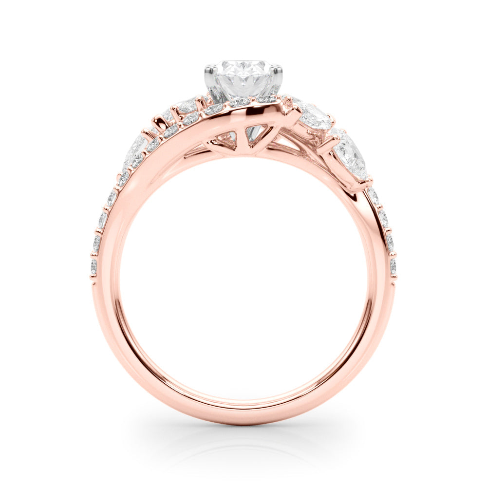 Rose gold Oval Diamond Halo Ring with Marquise and Pavé Band in Prong Setting