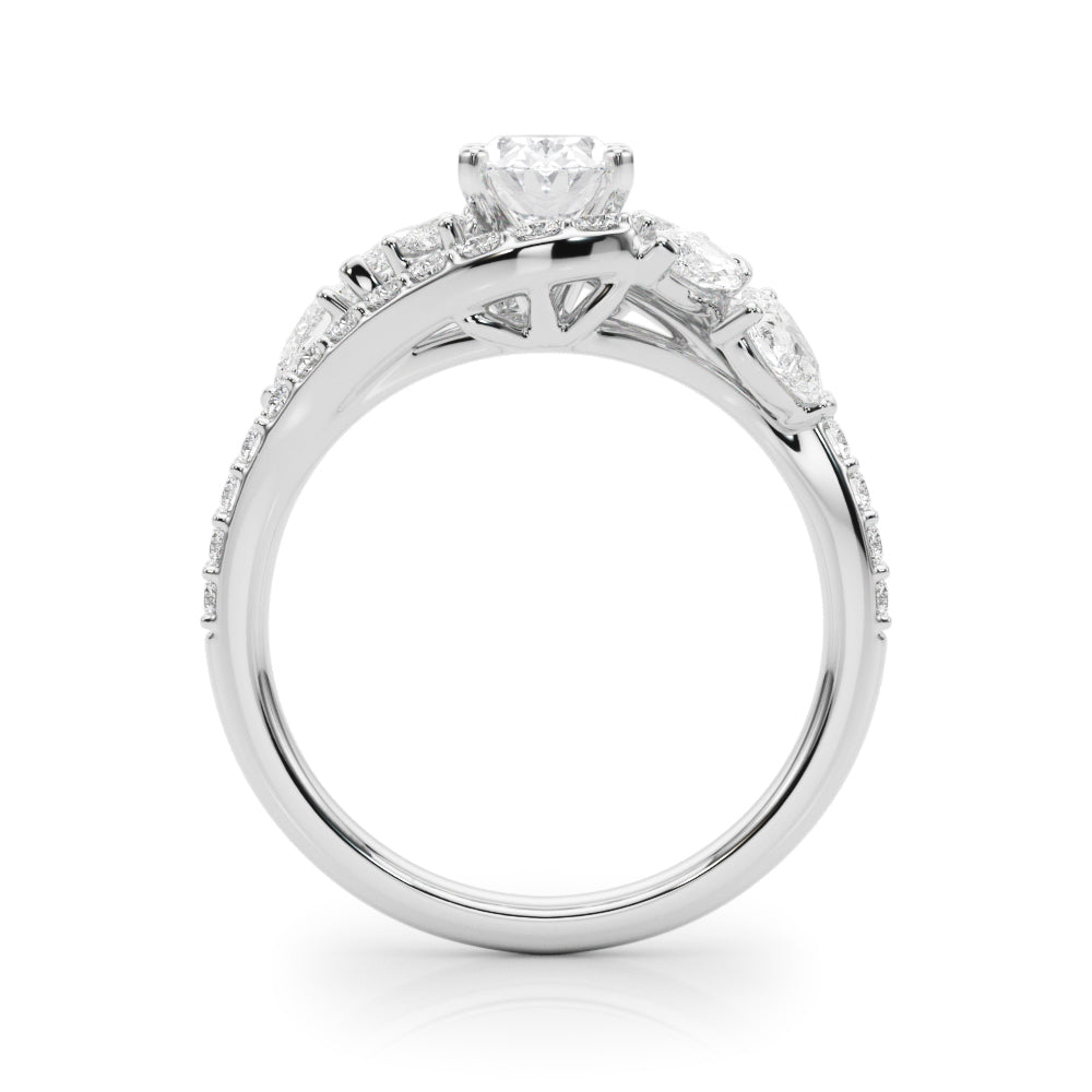 Silver Oval Diamond Halo Ring with Marquise and Pavé Band in Prong Setting