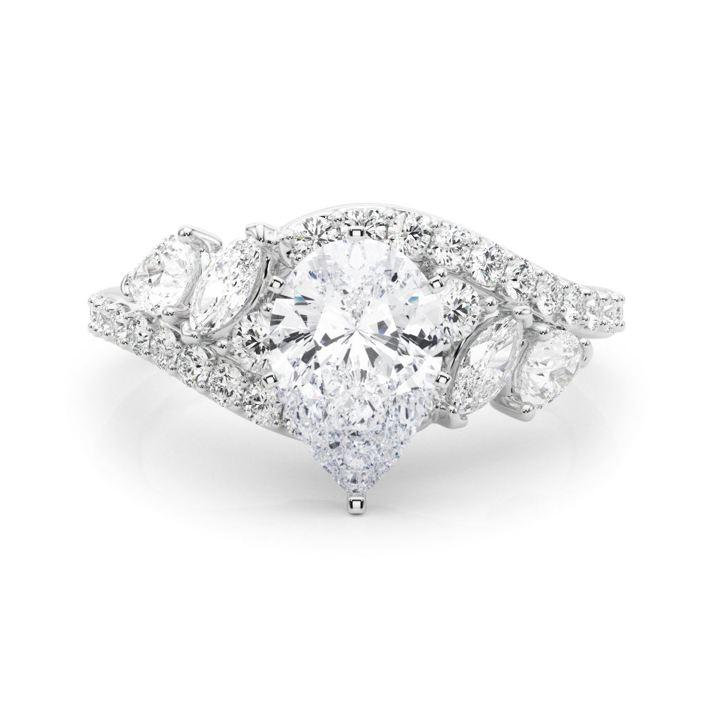 White gold Pear Diamond Halo Ring with Marquise and Pavé Band in Prong Setting