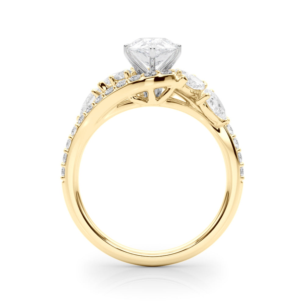 Yellow gold Pear Diamond Halo Ring with Marquise and Pavé Band in Prong Setting