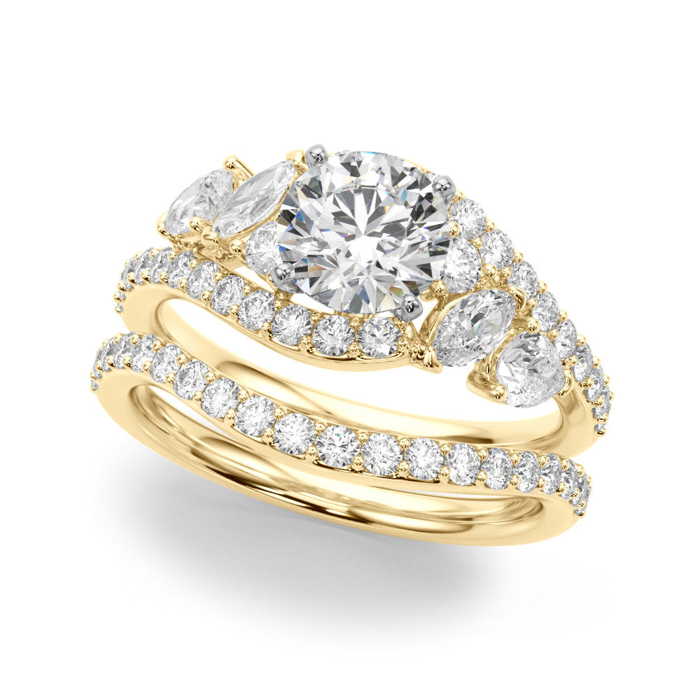 Yellow gold Heart Diamond Halo Ring with Marquise and Pavé Band in Prong Setting