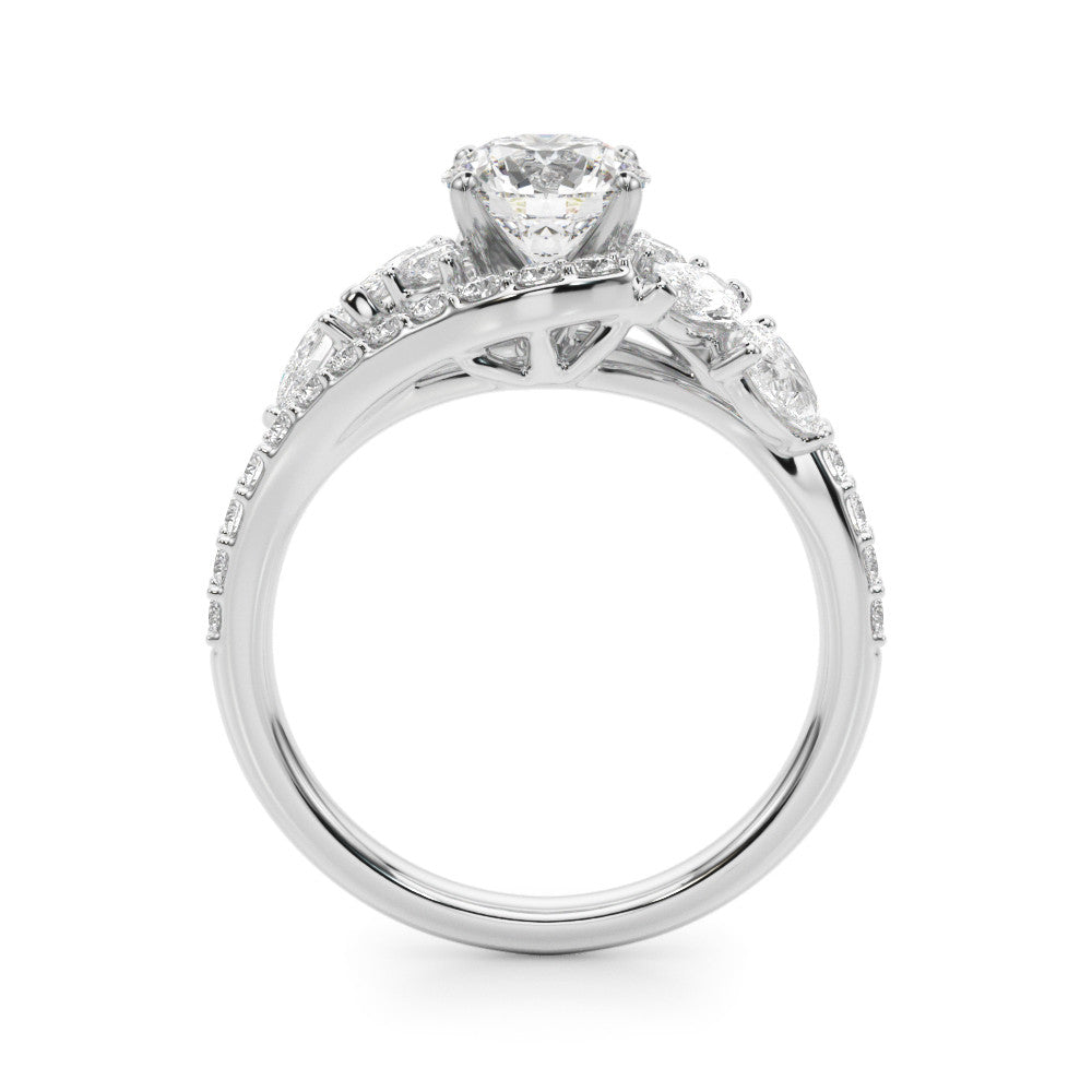 Silver Round Diamond Halo Ring with Marquise and Pavé Band in Prong Setting