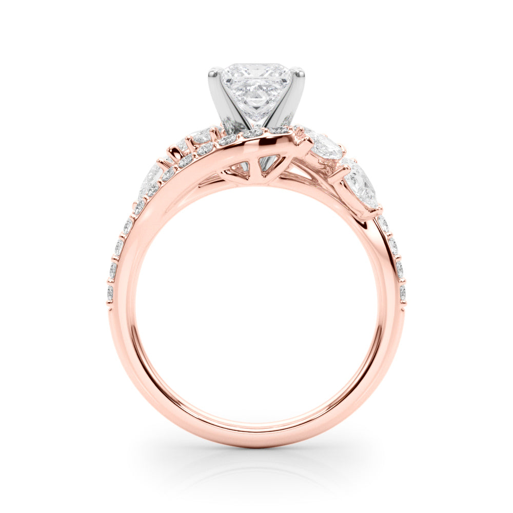 Rose gold Princess Diamond Halo Ring with Marquise and Pavé Band in Prong Setting