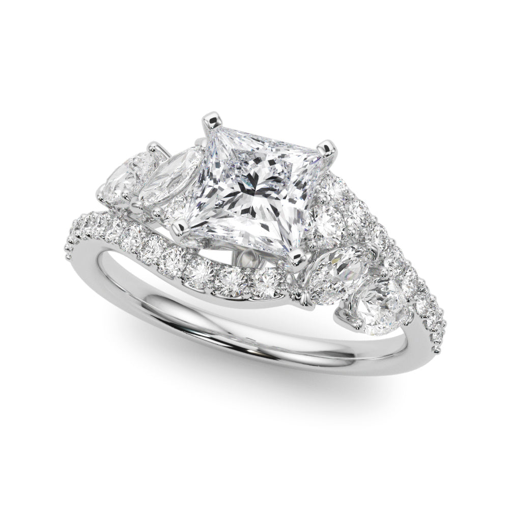 Silver Princess Diamond Halo Ring with Marquise and Pavé Band in Prong Setting