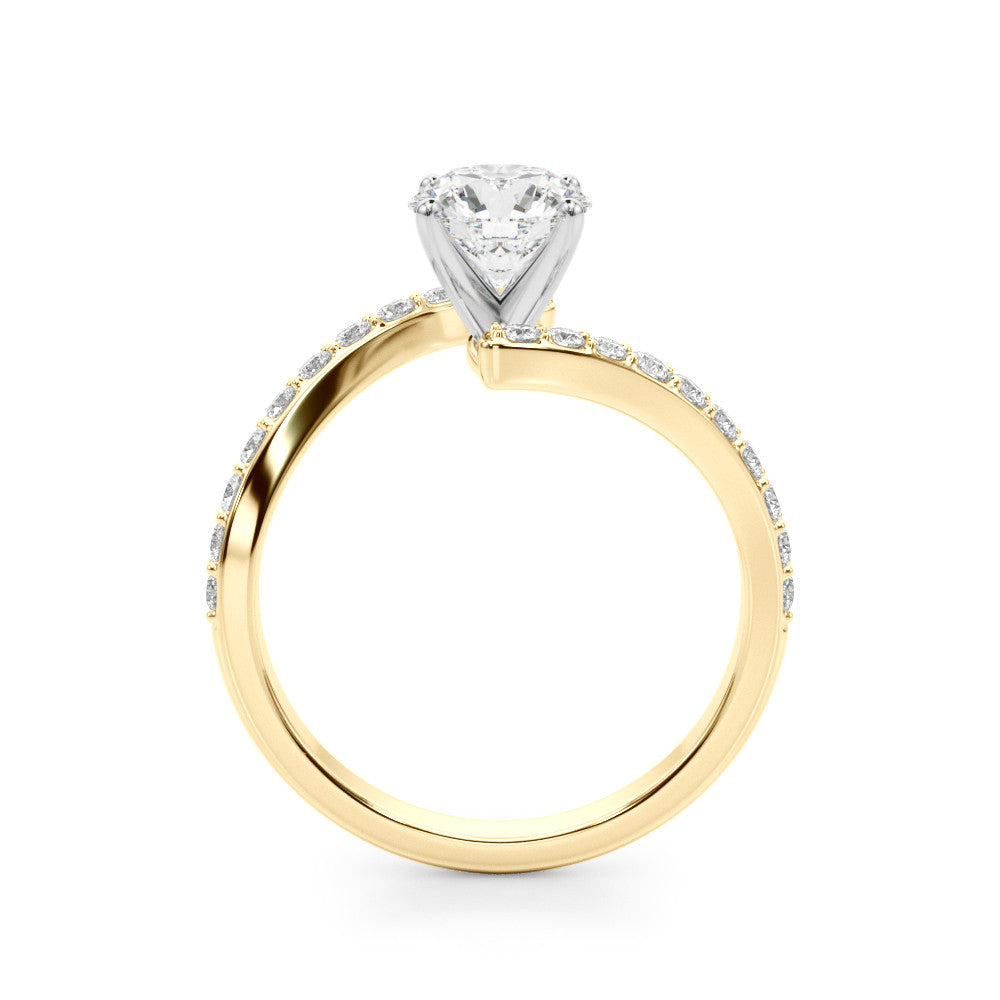 Yellow gold Cushion Solitaire Twist Band with Pave Set Diamonds and Four-Prong Setting