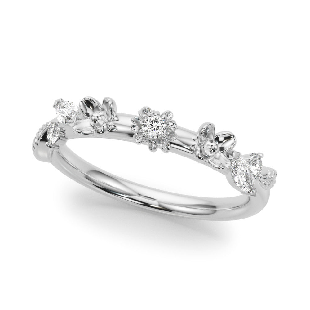Silver Floral Diamond Band with Round and Marquise Stones, Silver, Prong Setting