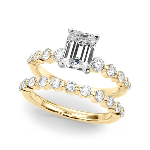 Yellow gold Radiant Solitaire Diamond Ring with Pave Band and Four-Prong Setting