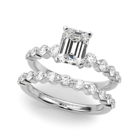 Platinum Emerald Solitaire Diamond Ring with Pave Band and Four-Prong Setting