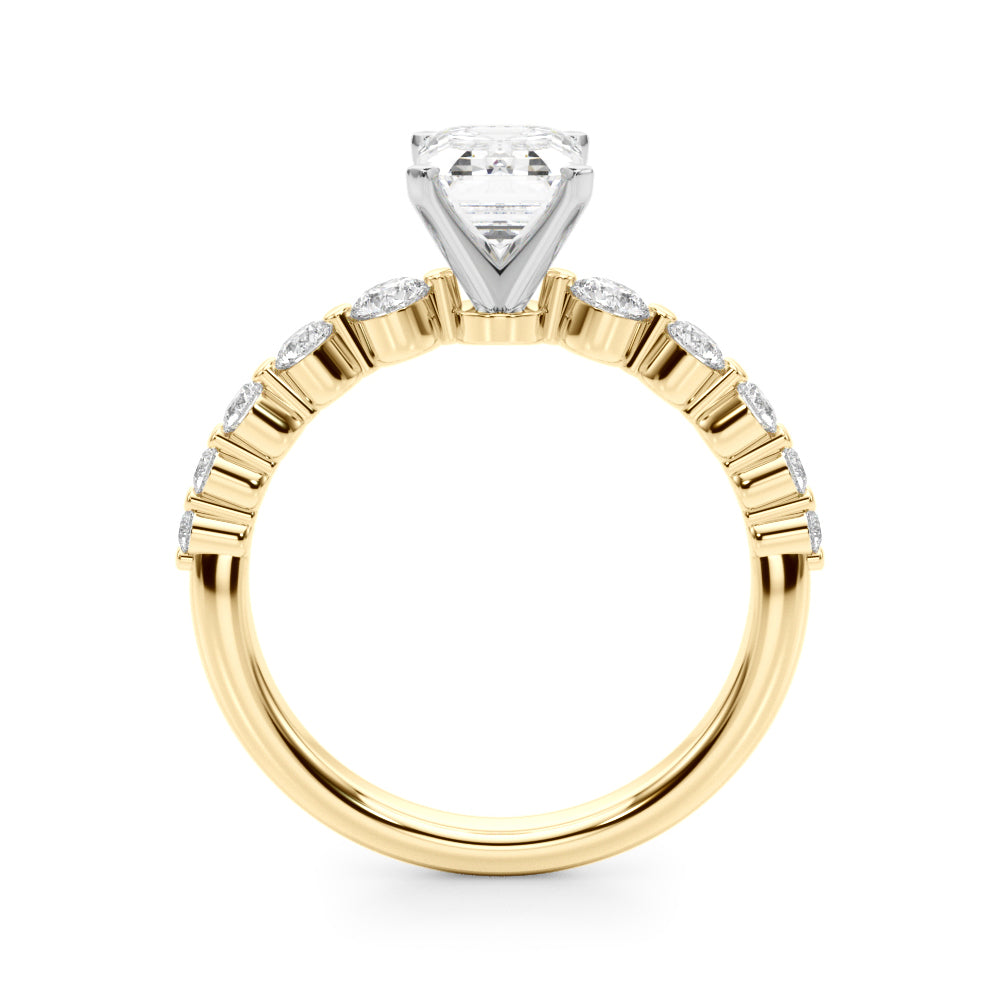 Yellow gold Radiant Solitaire Diamond Ring with Pave Band and Four-Prong Setting