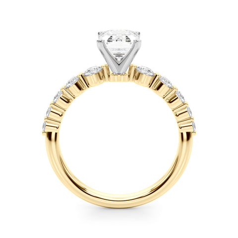 Yellow gold Emerald Solitaire Diamond Ring with Pave Band and Four-Prong Setting