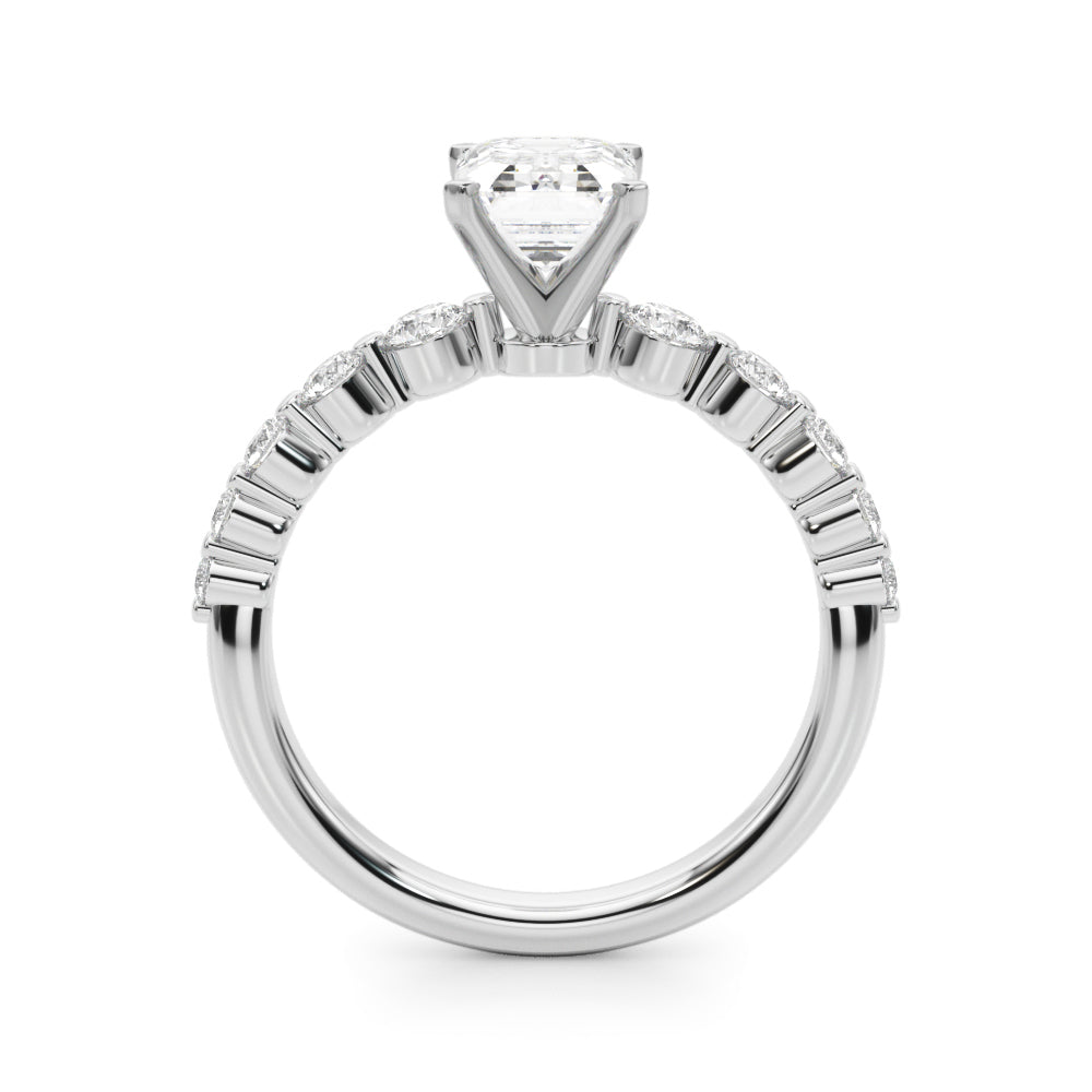 Platinum Radiant Solitaire Diamond Ring with Pave Band and Four-Prong Setting