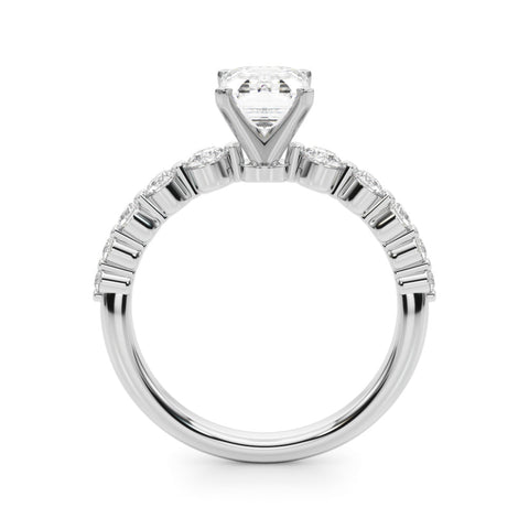 Silver Emerald Solitaire Diamond Ring with Pave Band and Four-Prong Setting