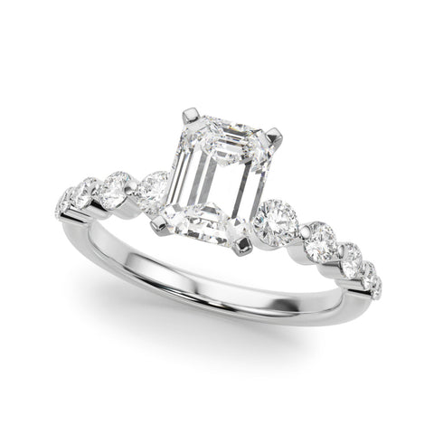 Platinum Emerald Solitaire Diamond Ring with Pave Band and Four-Prong Setting