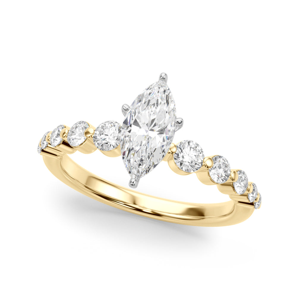Yellow gold Marquise Solitaire Diamond Ring with Pave Band and Four-Prong Setting