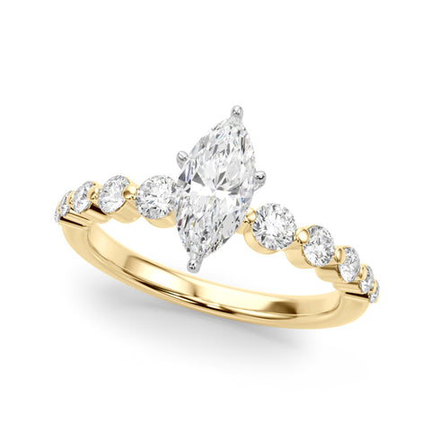 Yellow gold Marquise Solitaire Diamond Ring with Pave Band and Four-Prong Setting