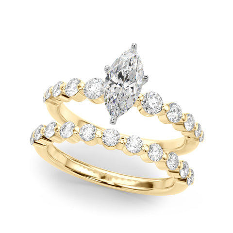 Yellow gold Marquise Solitaire Diamond Ring with Pave Band and Four-Prong Setting