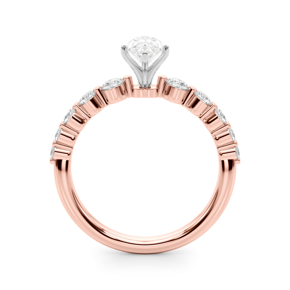 Rose gold Marquise Solitaire Diamond Ring with Pave Band and Four-Prong Setting
