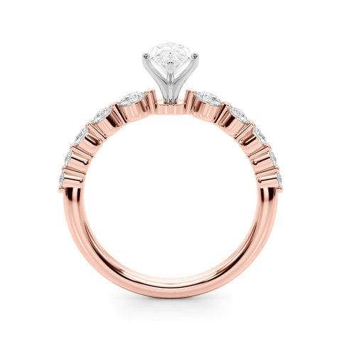 Rose gold Marquise Solitaire Diamond Ring with Pave Band and Four-Prong Setting