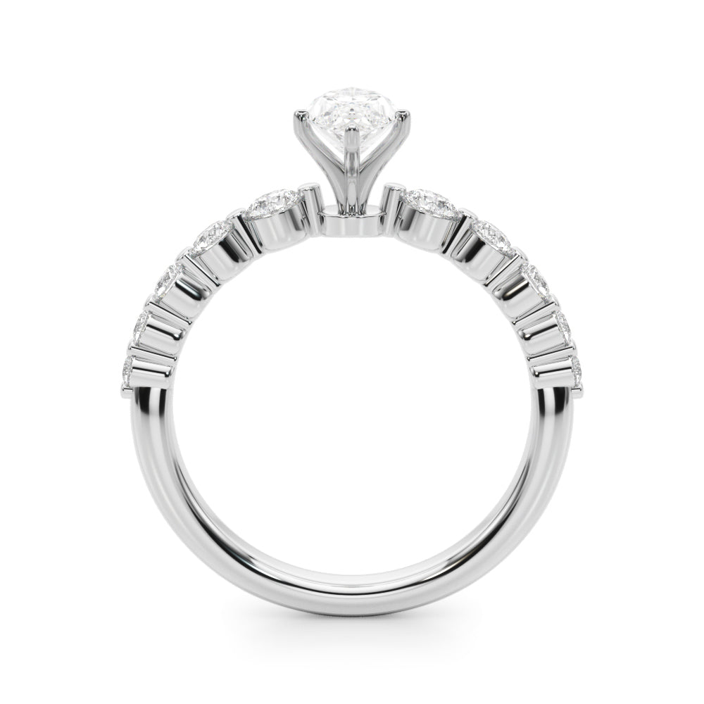 White gold Marquise Solitaire Diamond Ring with Pave Band and Four-Prong Setting