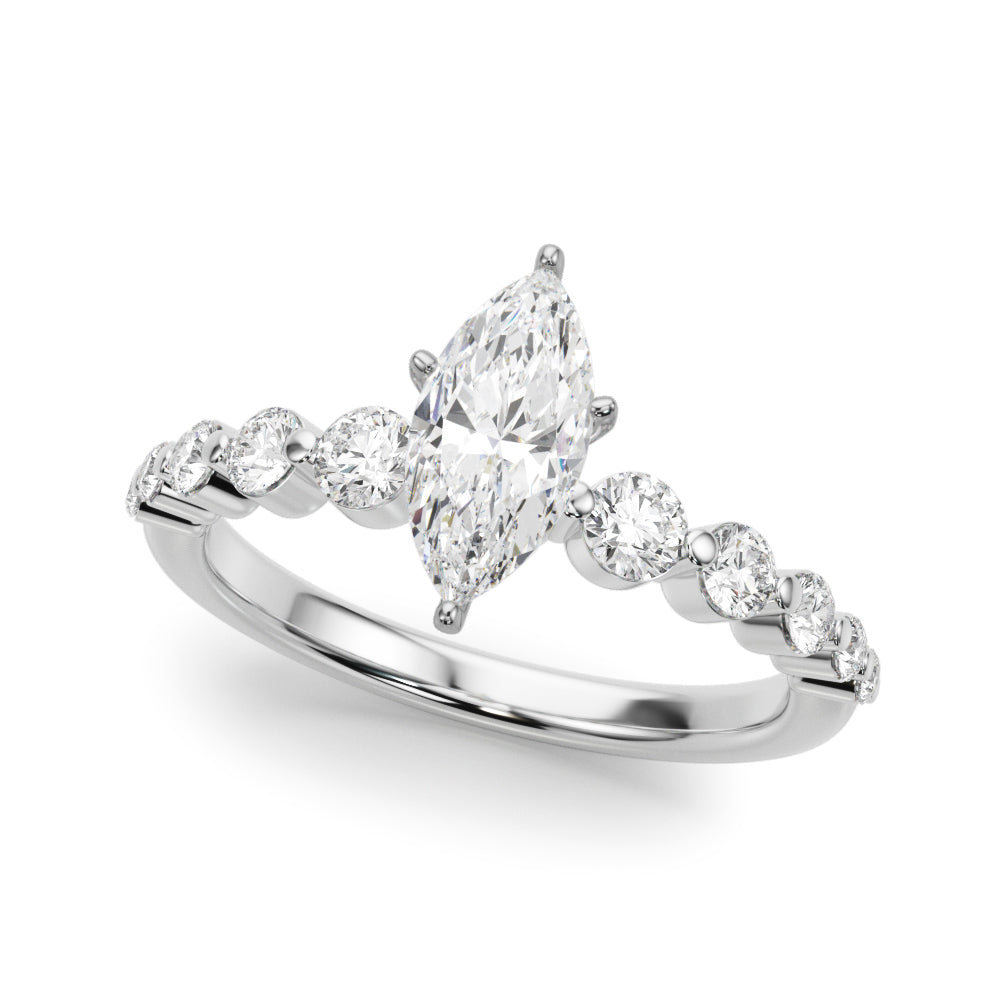 Platinum Marquise Solitaire Diamond Ring with Pave Band and Four-Prong Setting