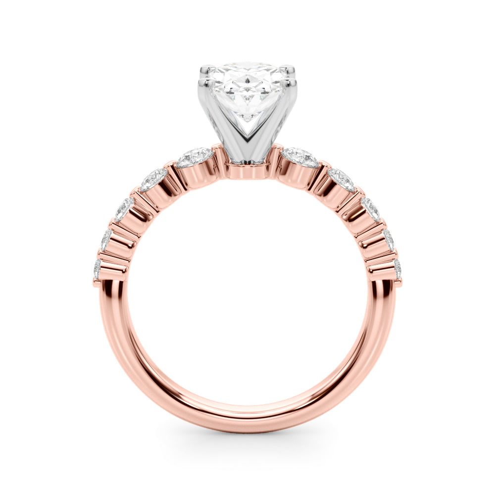 Rose gold Oval Solitaire Diamond Ring with Pave Band and Four-Prong Setting