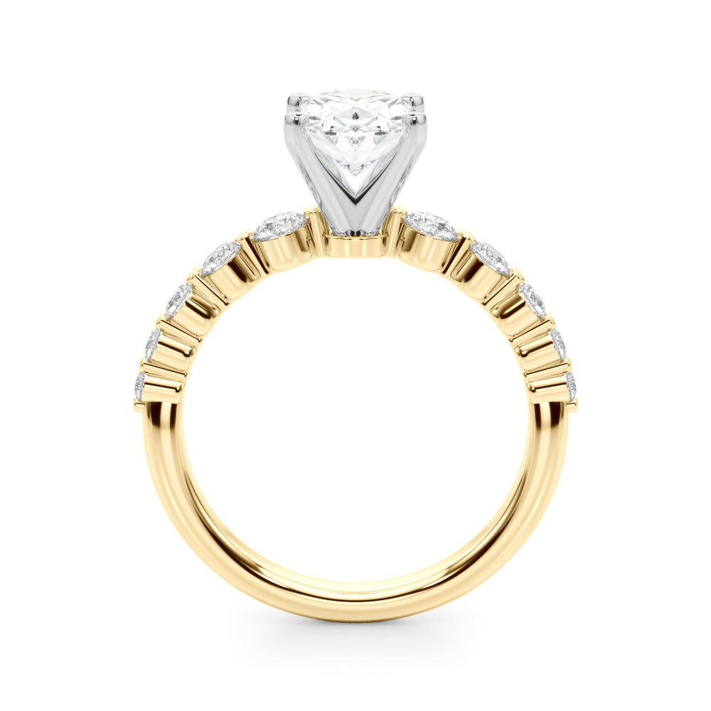 Yellow gold Oval Solitaire Diamond Ring with Pave Band and Four-Prong Setting