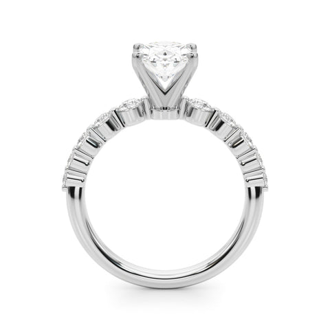 White gold Oval Solitaire Diamond Ring with Pave Band and Four-Prong Setting