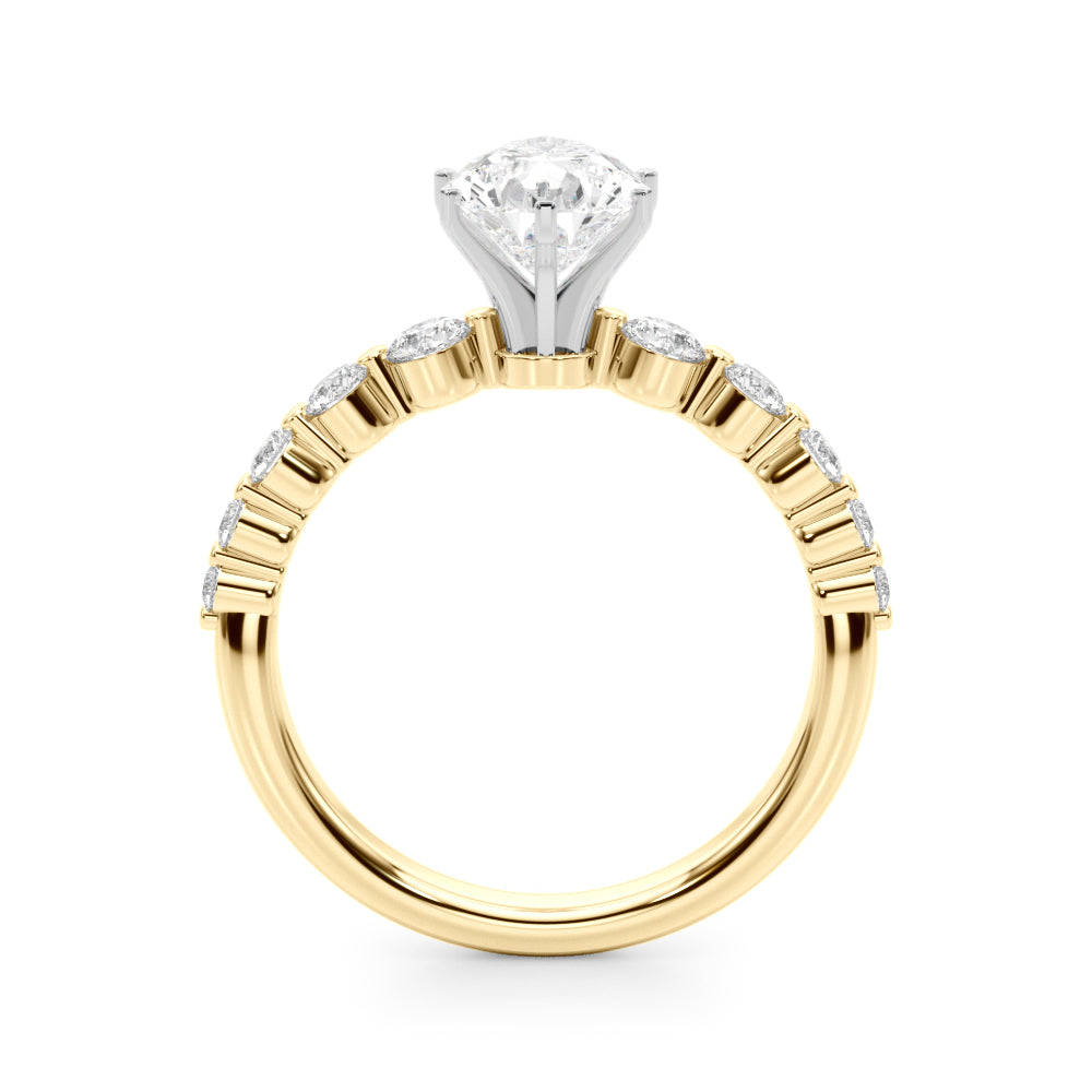 Yellow gold Pear Solitaire Diamond Ring with Pave Band and Four-Prong Setting