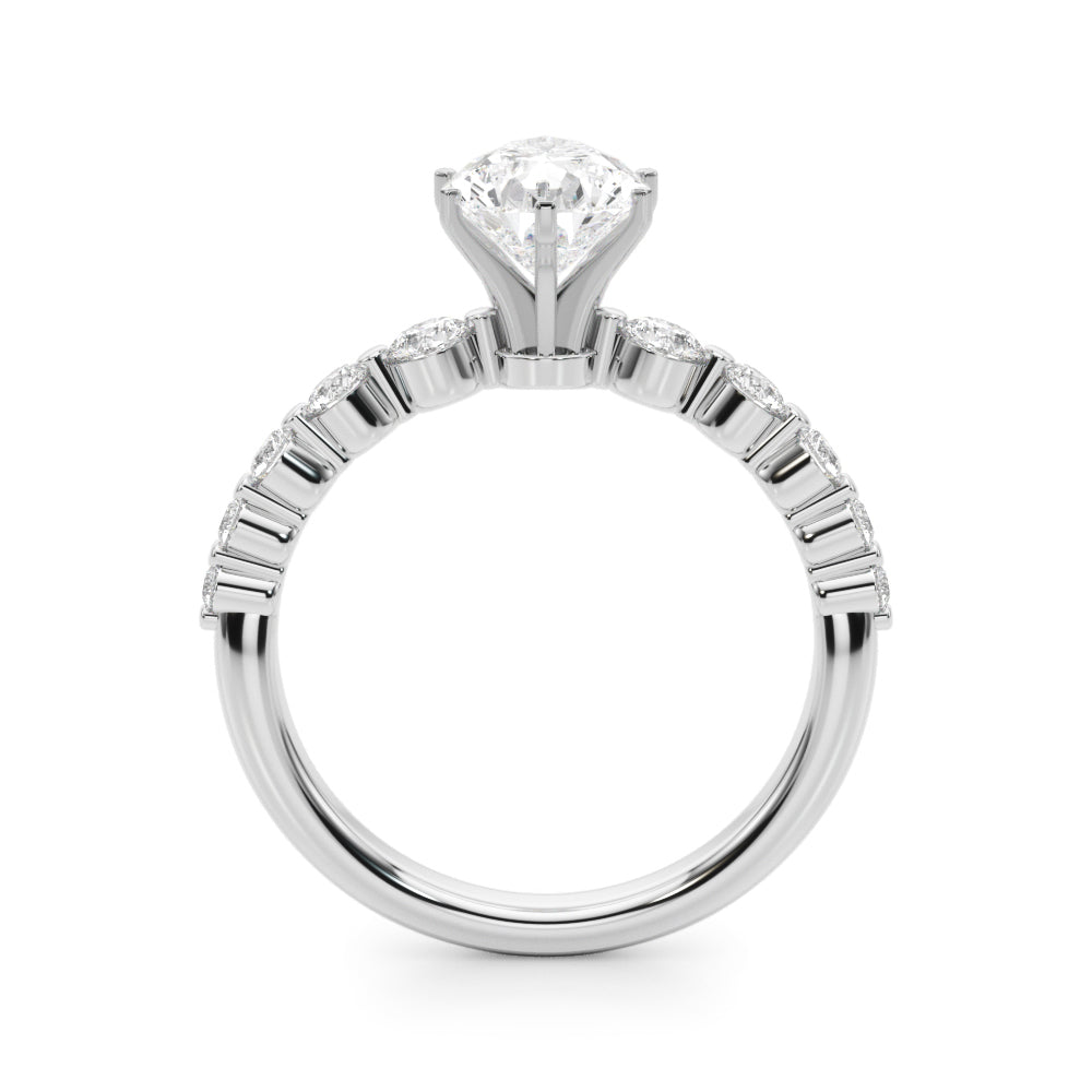 White gold Pear Solitaire Diamond Ring with Pave Band and Four-Prong Setting