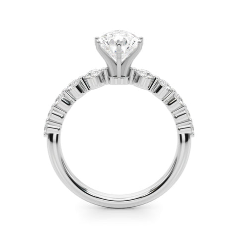 White gold Pear Solitaire Diamond Ring with Pave Band and Four-Prong Setting