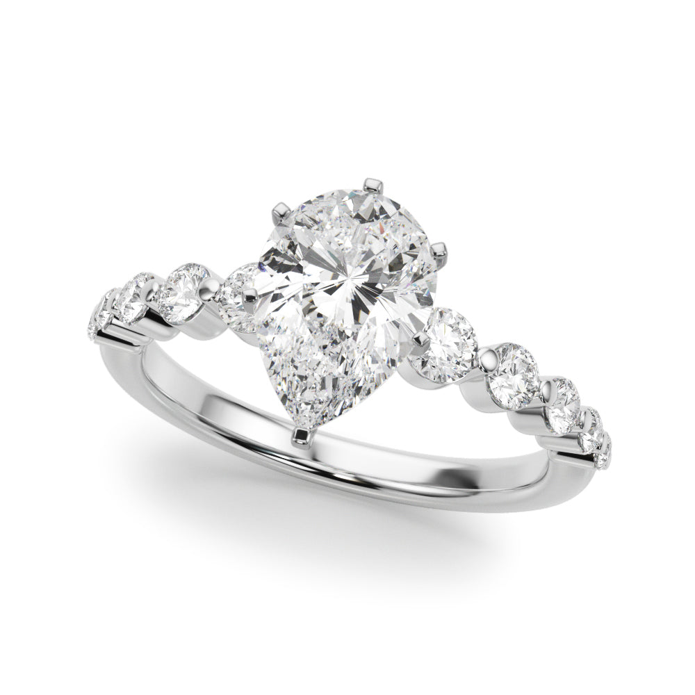 White gold Pear Solitaire Diamond Ring with Pave Band and Four-Prong Setting