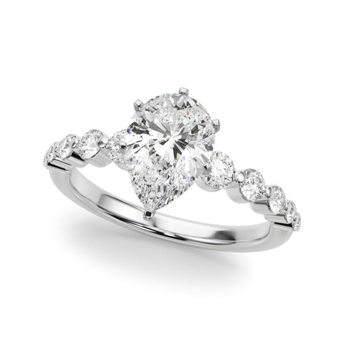 White gold Pear Solitaire Diamond Ring with Pave Band and Four-Prong Setting