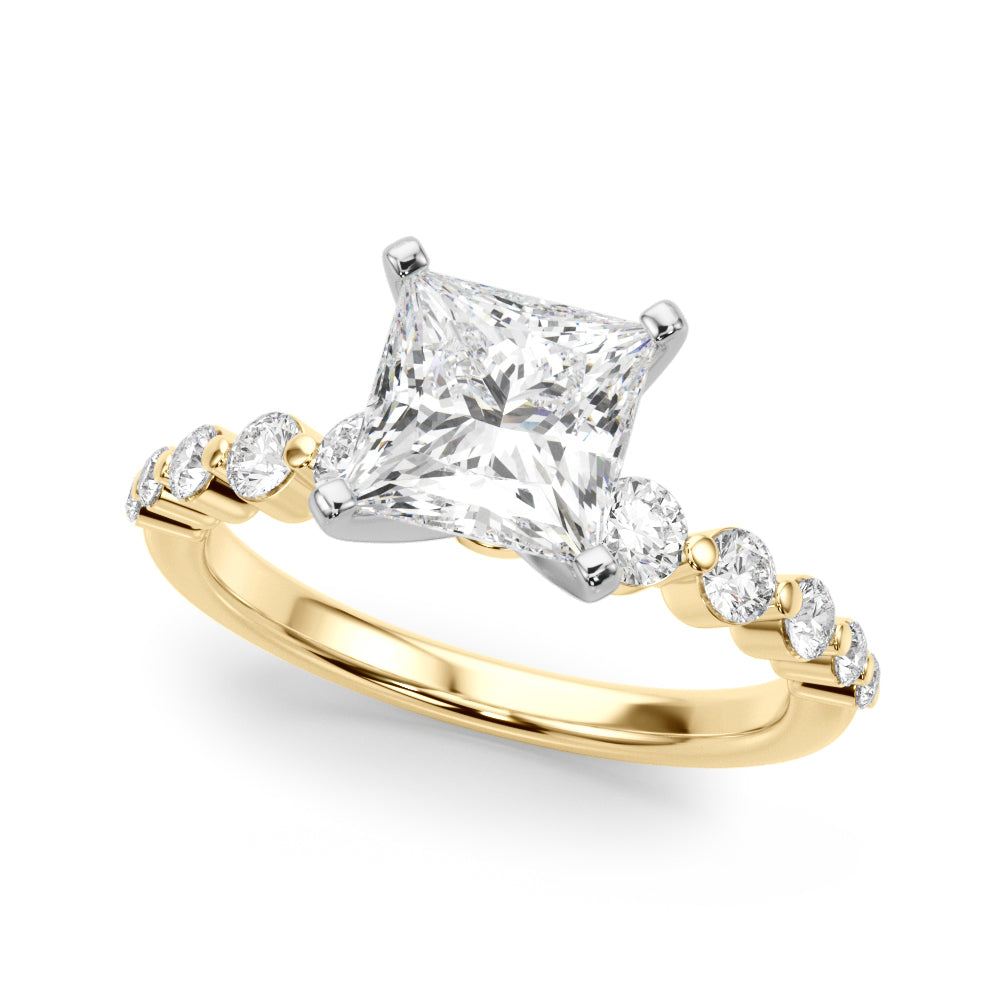 Yellow gold Princess Solitaire Diamond Ring with Pave Band and Four-Prong Setting