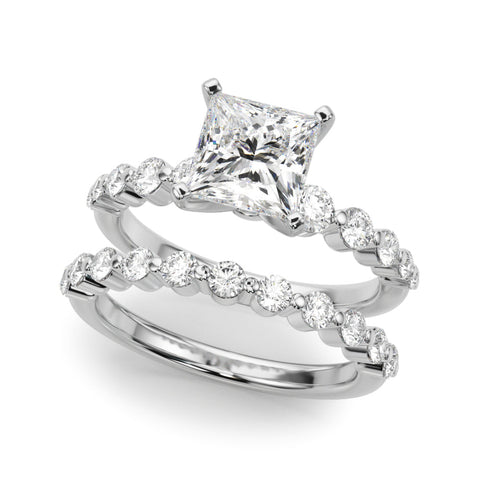 White gold Cushion Solitaire Diamond Ring with Pave Band and Four-Prong Setting