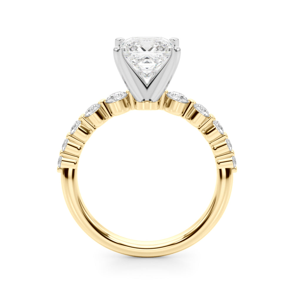 Yellow gold Cushion Solitaire Diamond Ring with Pave Band and Four-Prong Setting