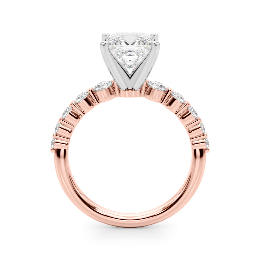 Rose gold Cushion Solitaire Diamond Ring with Pave Band and Four-Prong Setting