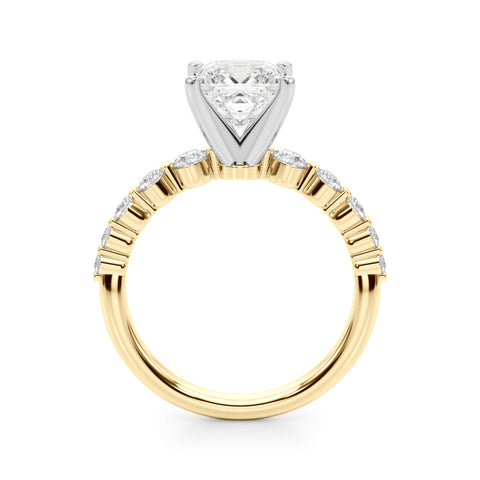 Yellow gold Princess Solitaire Diamond Ring with Pave Band and Four-Prong Setting