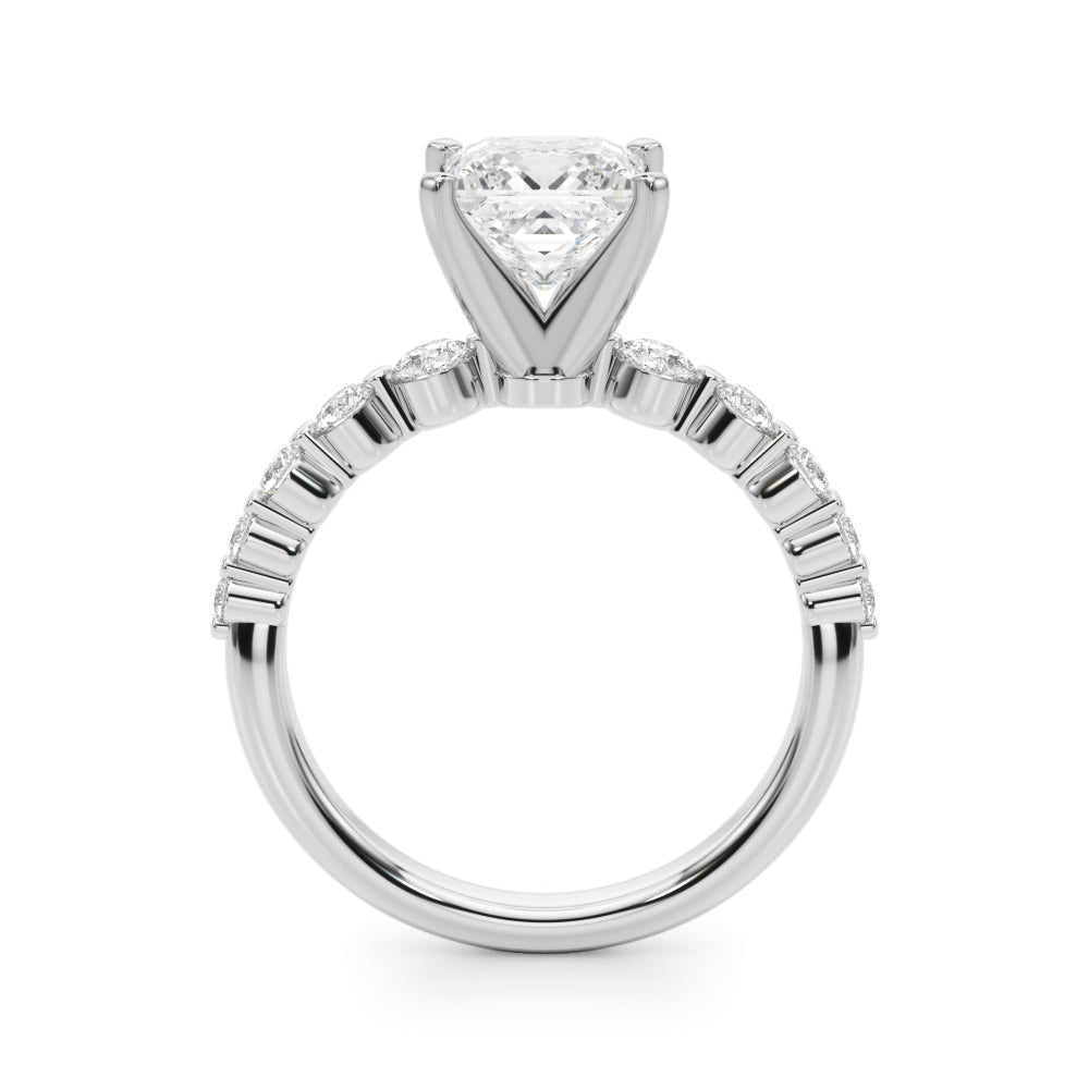 White gold Princess Solitaire Diamond Ring with Pave Band and Four-Prong Setting
