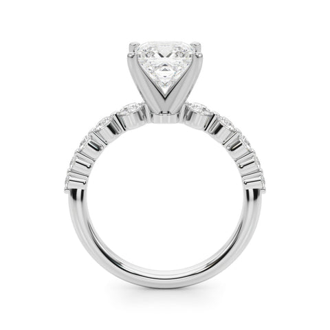 White gold Princess Solitaire Diamond Ring with Pave Band and Four-Prong Setting
