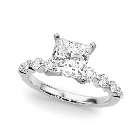 Platinum Princess Solitaire Diamond Ring with Pave Band and Four-Prong Setting