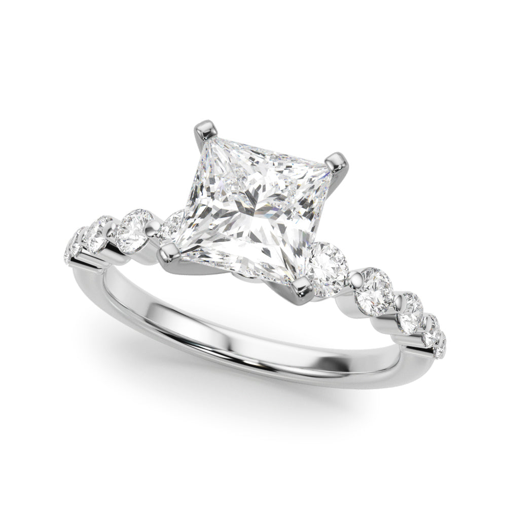 Platinum Cushion Solitaire Diamond Ring with Pave Band and Four-Prong Setting