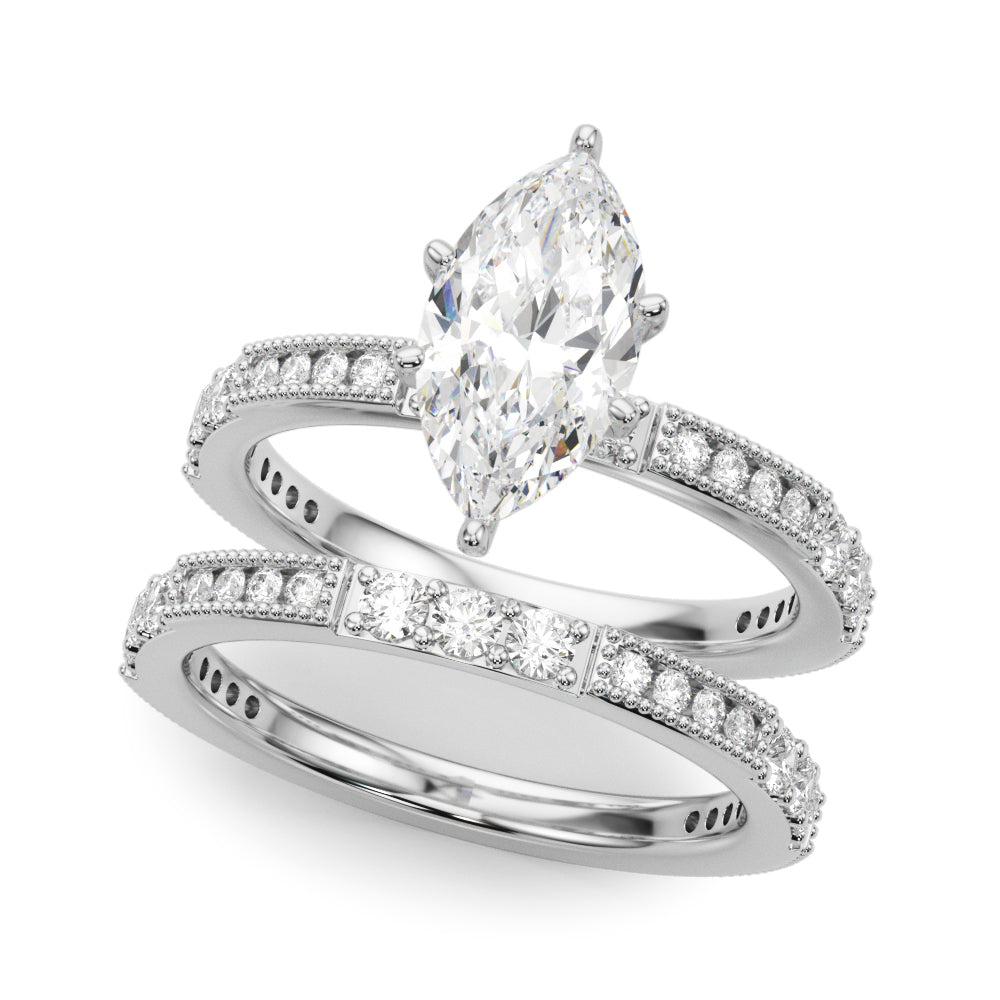 Silver Marquise Solitaire with Pavé Band and Four-Prong Setting