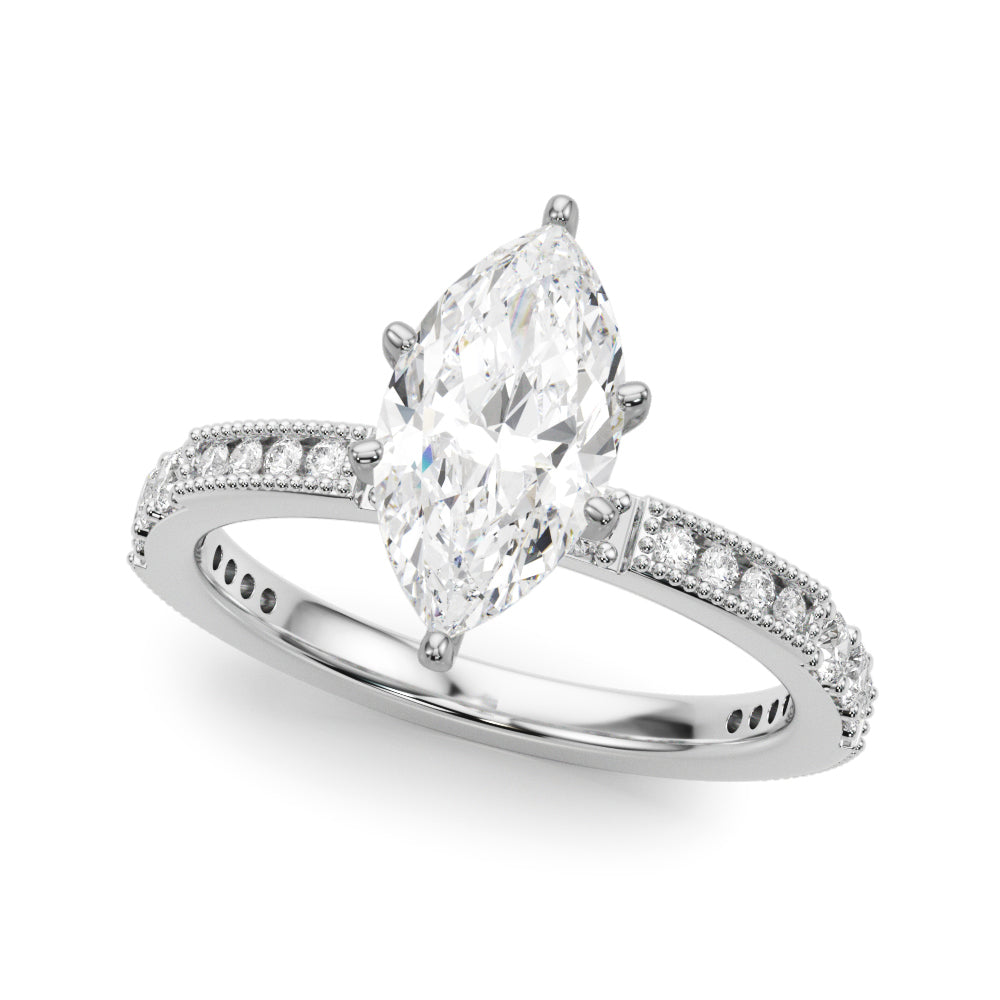 Silver Marquise Solitaire with Pavé Band and Four-Prong Setting