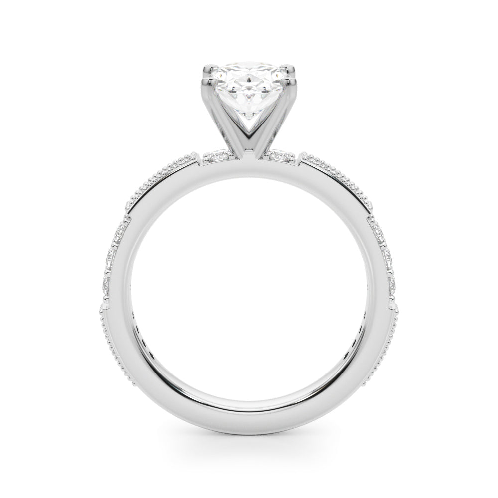 Silver Oval Solitaire with Pavé Band and Four-Prong Setting