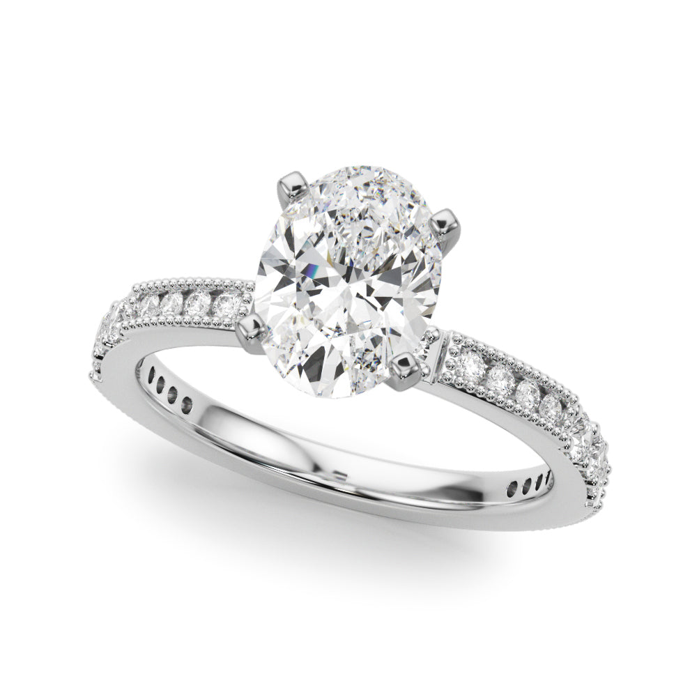 Silver Oval Solitaire with Pavé Band and Four-Prong Setting
