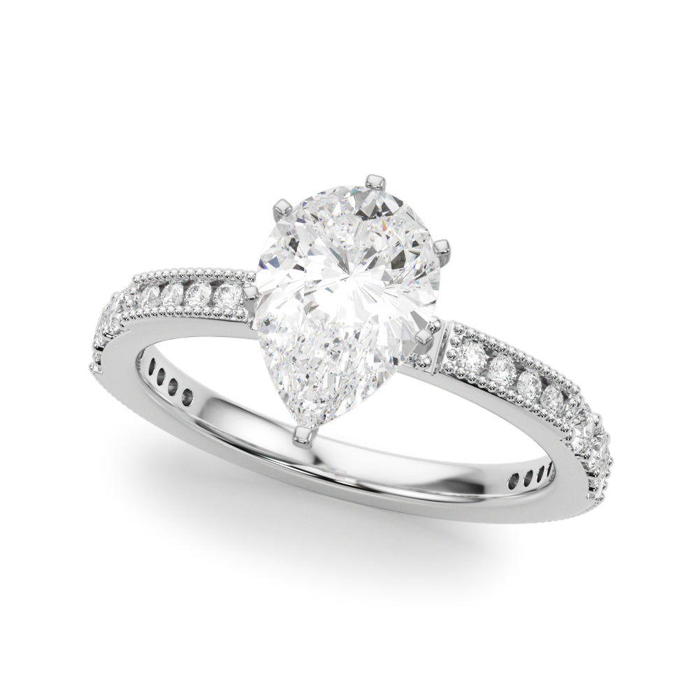 Silver Pear Solitaire with Pavé Band and Four-Prong Setting